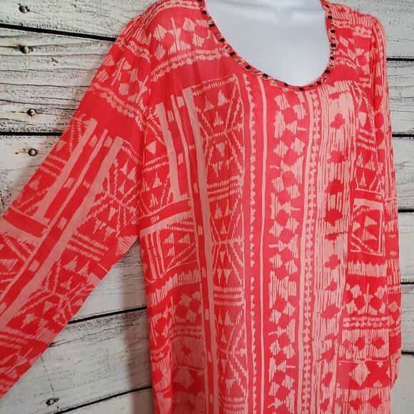 Studio Y Women’s XL Coral Pink Long Sleeve Sheer Blouse Studded Boho Print - Picture 2 of 7